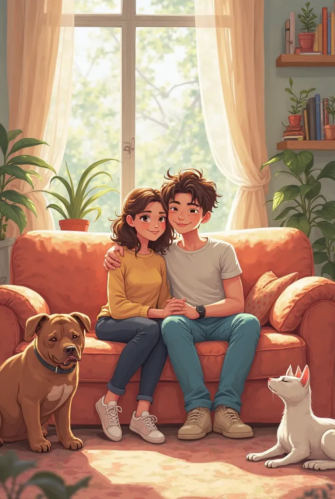 The style of the photo must be of an anime-type cartoon, similar to the one in the video illustrations of Lofi on YouTube. Also add the Weimaraner with the couple and the cat in the image