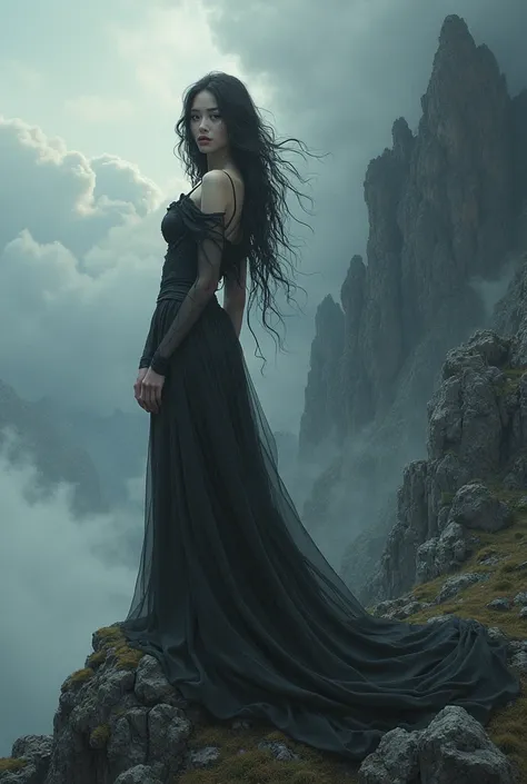 Beautiful woman on a dark mountain