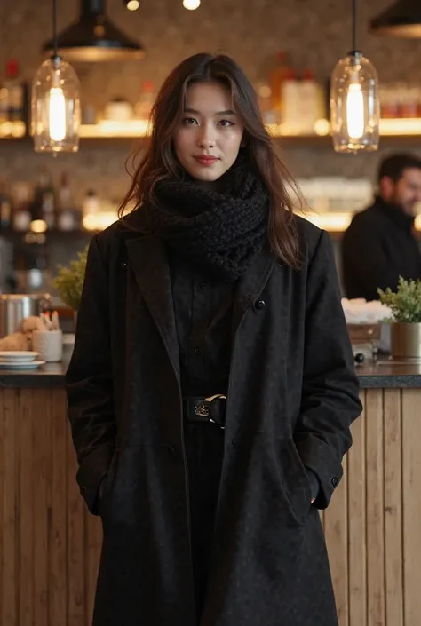 woman in black coat and scarf standing in front of a counter, wearing black modern clothes, loputyn and matcha, customer, kda, wearing a black noble suit, classy, matchach, wearing black clothes, ji-min, wearing black suit, wearing in black clothes, full b...