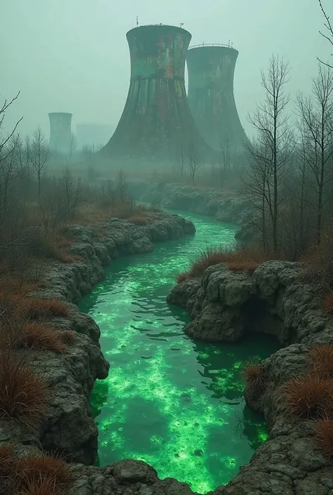 "A futuristic and surreal vision of Chernobyl, showing the area after thousands of years of radioactive contamination. The landscape is deformed, with strange shapes and mutations in flora and fauna. Reactor 4 is still visible in the background, covered by...