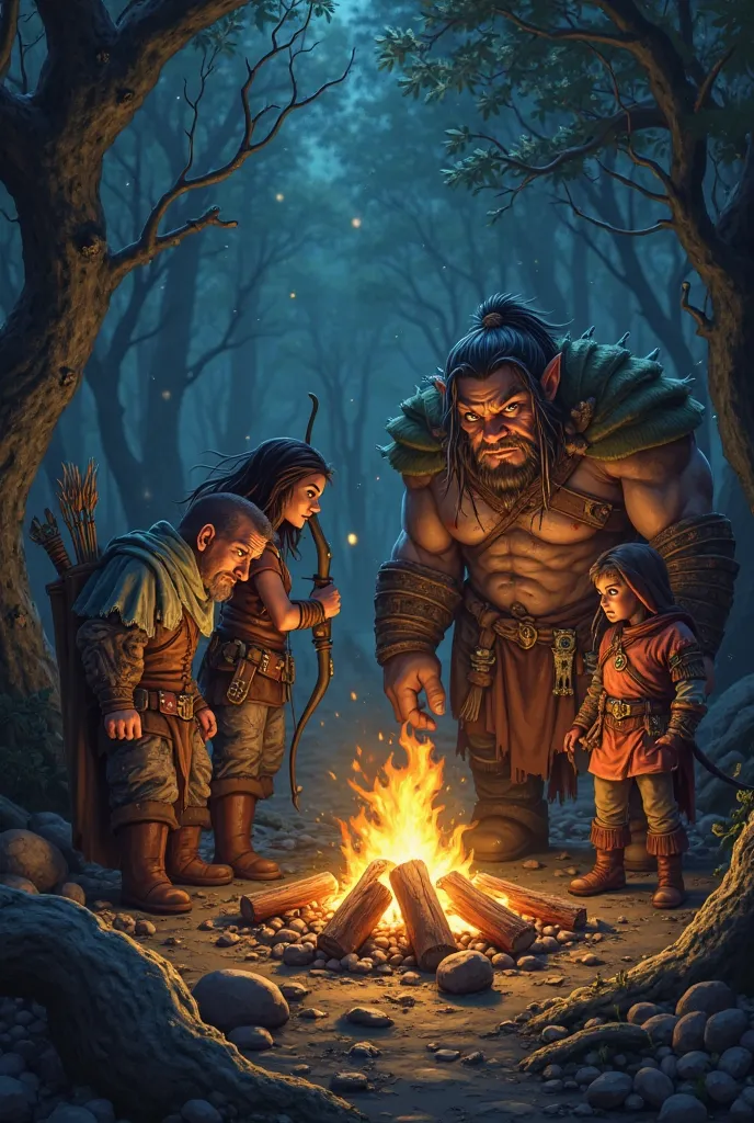 A group of adventurers around a campfire in a dark forest. A sharp-eyed elf archer, an imposing troll warrior with a scar on his face, and a sorceress with eyes glowing with elemental power. The young blacksmith watches them, determined."
