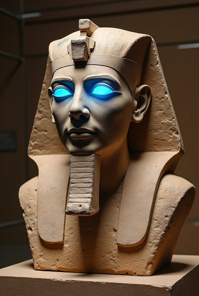 Bust of Ramesses II. A monumental stone bust of a pharaoh, whose eyes glow in magical blue in the museum