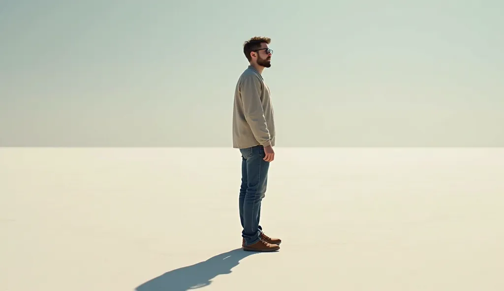 man with short straight brown hair, 30-year-old short beard,with prescription glasses in the middle of empty space, where only your shadow is visible, Your whole body is visible down to the feet you look young. D hyper realistic
