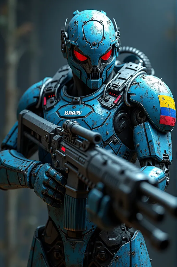 I want to create an image that of a soldier who has a really big gun, that looks terrifying, that scares the fear of just seeing it, and that he has the Colombian flag on his right shoulder, that looks robotic like a blue staker, but that is an ultra-cool ...