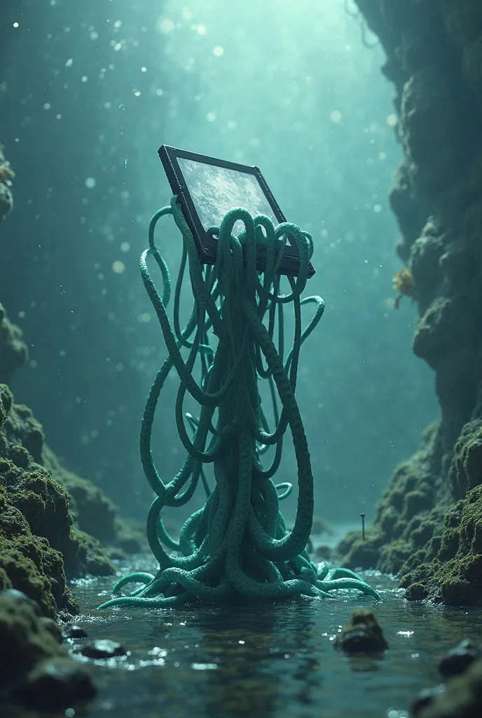 The tentacles come out of the stand in the form of an ocean surface and hold a tablet in the tentacles