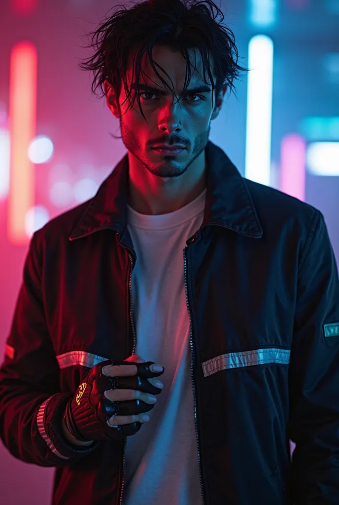 handsome european male singer, around 30 years old, Sharp and intense, tousled jet-black hair falling over his forehead, with a lean, athletic build. He wears a sleek, futuristic black bomber jacket with reflective strips, a plain white shirt, and fingerle...