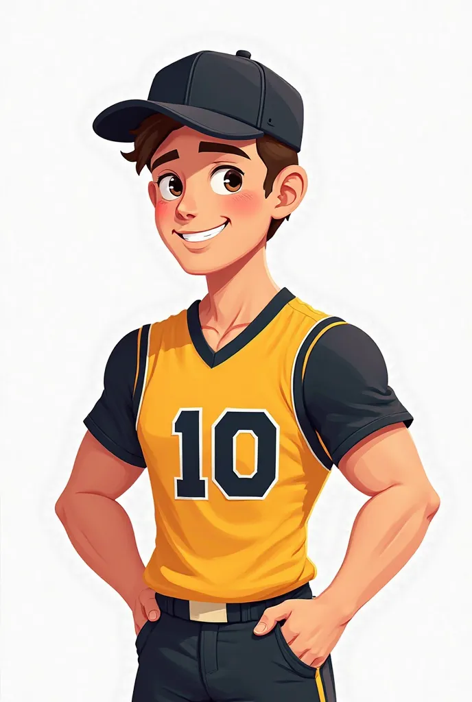 A male character wearing a black cap in front of a white number 10 cartoon style team jersey