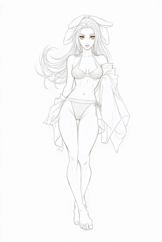 sexy bunny girl wearing a bikini with a towel over her arm, line rendering, full body