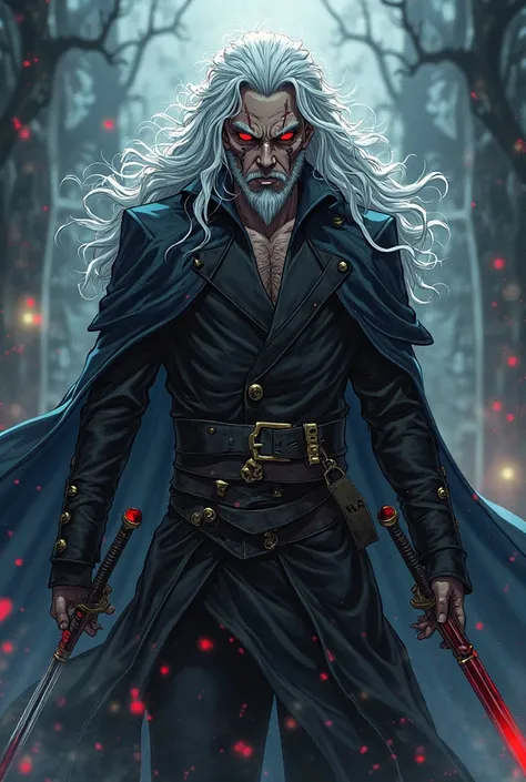 Athos of the 3 Musketeers, anime style manga kimetsu no yaiba , long white hair, double lame ,  Very dark evil aura, elderly , Scarred