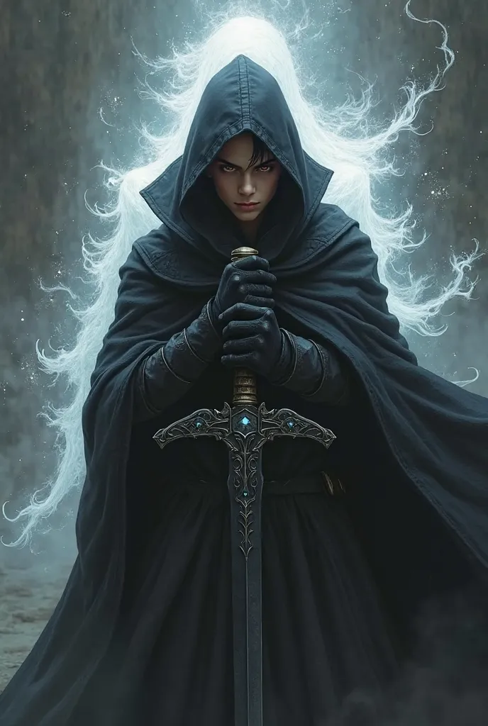 Black hair boy(age17-20) with red eye in black cloak,wearing black gloves, holding black sword and there's another him(1 clone but as white shining body) behind him