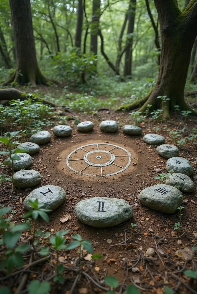 create a circle of stones on the ground in which in the middle of the circle the ground is dirt in a clearing of undergrowth and has a mystical air to the place, in which there are ancient runes on each of the stones