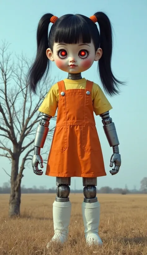 A giant humanoid doll with a creepy expression, standing in an open field with a leafless tree behind it. The doll has a round face, glowing red eyes, and black hair tied into two ponytails. It wears a yellow shirt under an orange pinafore dress and long w...