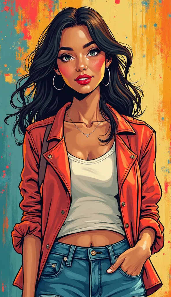 DISCREET image. with discreet casual clothes. image adult woman, american, JUST comic book style. with a smile. IMAGES WITH VIBRANT COLORS. half body