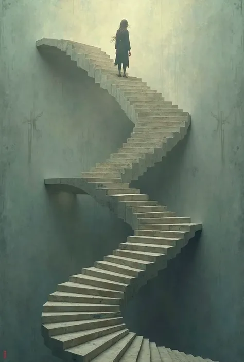 Un escalier impossible inspiré du triangle de Penrose, où quelqu'un monte sans jamais atteindre le sommet, ou un tableau où un artiste dessine sa propre main qui le dessine en retour.