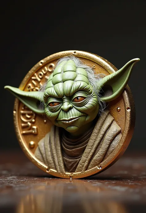 Custom coin featuring Master Yoda twisted with exaggerated features, winking expression. One eye stares intently as deep wrinkles texture his weathered face. 'JEDY' carved in bold script on the right edge with '1980' embossed. Subtle gold-tone metal accent...