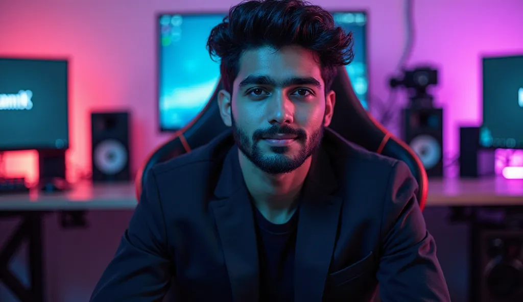 A young 20 year old boy with neatly styled dark hair and a well-groomed beard sits confidently in a gaming chair. He is wearing a black suit. creating a dynamic and engaging pose. The background features a high-tech studio setup with multiple computer moni...