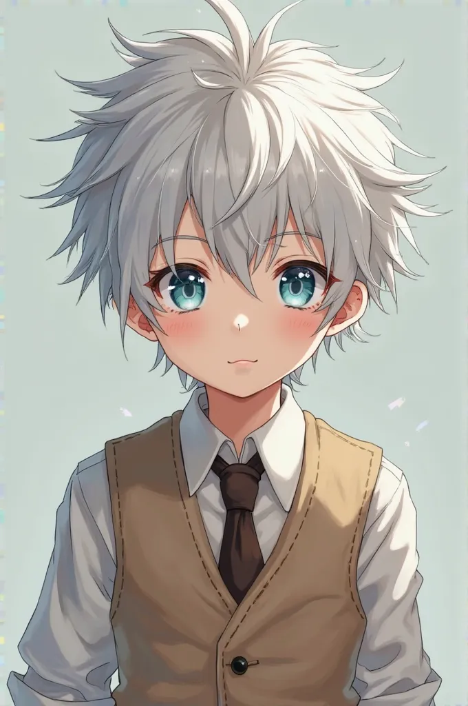  anime-type boy , pale skin ,light blue eyes, messy white hair,  wearing a long sleeve shirt ,and dark brown tie,and a vest over light brown fabric type 