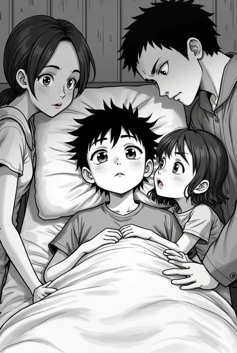 It could generate a family surrounding an adolescent boy in the hospital that the family is composed of a girl, a dad and a mom in a black and white manga style.