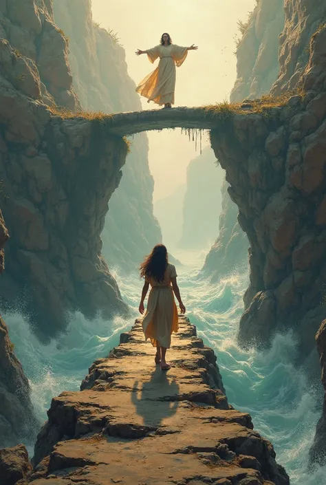 Woman walking across a bridge , Jesus holds the bridge and waits for the woman to arrive, the other side of the bridge begins to fall 