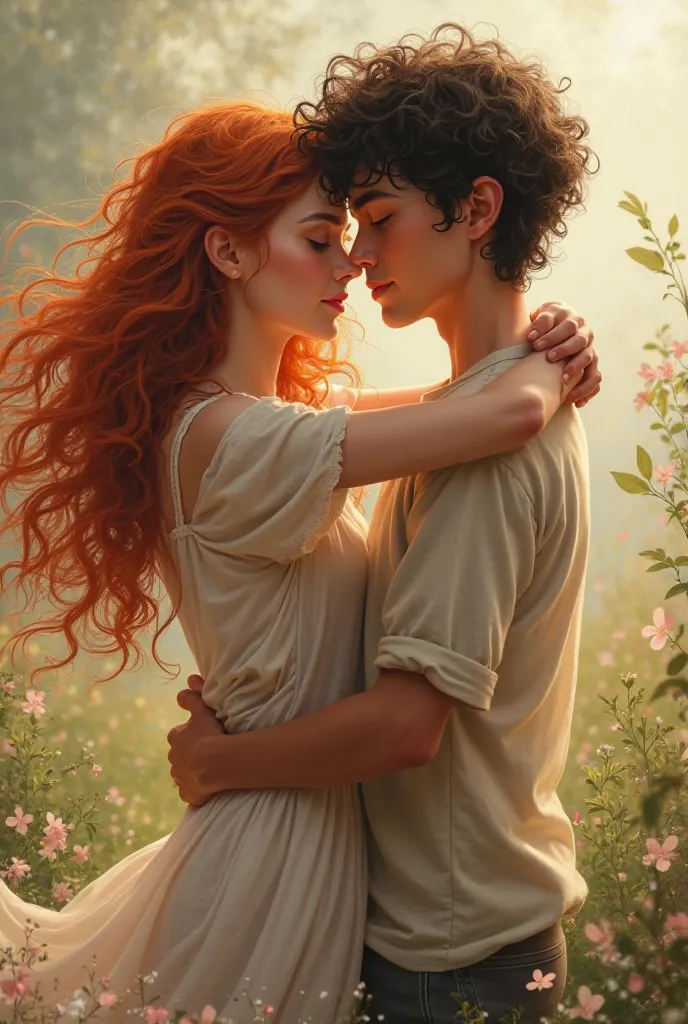 One with long curly red hair, hugging a boy with short curly black hair