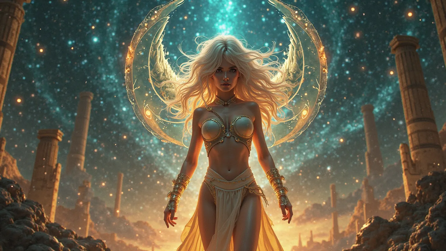 A powerful divine protector stands tall among the floating ruins of a cybernetic Acropolis, her sheer, form-fitting battle attire barely covering her flawless, golden skin. Her high-tech bracers emit glowing orbs of energy as she raises her arms, summoning...