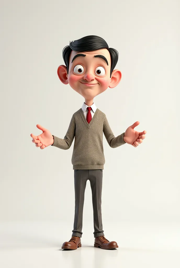 full body 3D image of Mr. Bean,  Hands Out, white background.