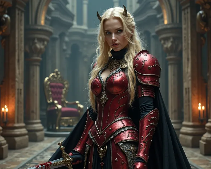 Create full image of a beautiful blonde yet evil warrior queen. Long blonde hairs, deep Blue eyes, white smooth marble skin, large breast, large hips, slim curvy figure, She is clad in ornate, crimson-colored armor that reflects a sinister aura,  A dark st...