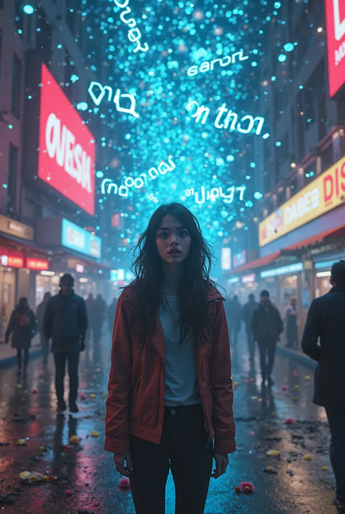 A surreal, dreamlike scene of a person looking at their phone, where a newly learned word or symbol is highlighted. Suddenly, that same word appears floating all around them—on billboards, in text messages, on a passing bus, even on a stranger’s T-shirt. T...