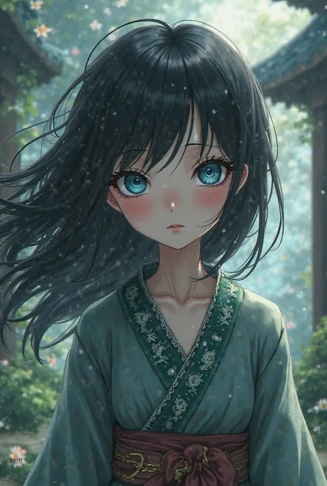 Ghibli and Naruto Shippuden style girl, that has black hair, blue eyes, deep circles under the eyes,  pale skin , clothes a little worn and long eyelashes 