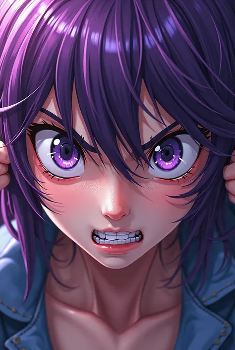 In a 3D manga style, Close-up of the eyes of a very annoyed purple woman pulling her hair out.