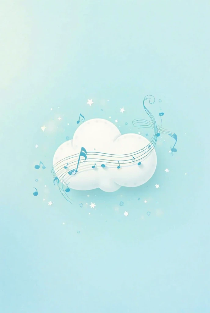 Logo: A stylized drawing of a cloud with musical notes coming out of it, in shades of blue and white Light blue, white and pastel tones. A logo that conveys peace, calm and tranquillity.