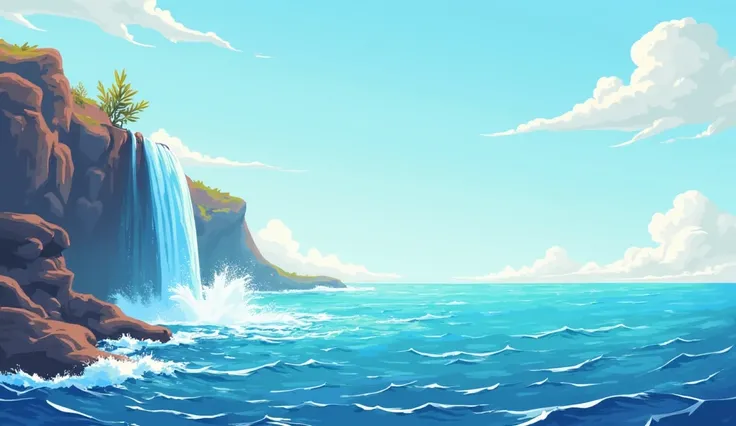 middle of the sea scene, clear sky, big waves, blue waterfall, blue ocean, warm color, flat illustration, high resolution, detailed, colorful.