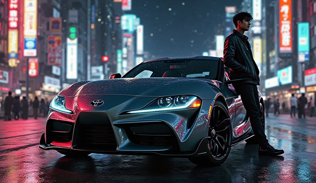 Toyota Supra at night in Tokyo with a person leaning against the car
