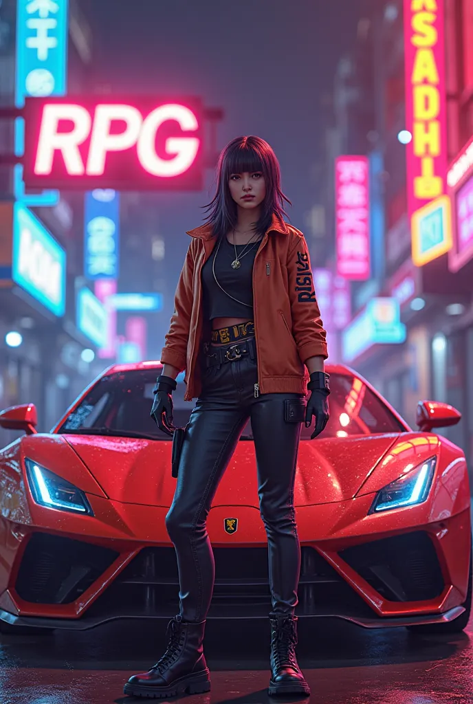 The image shows freefire character standing in front of a red sports car, with a neon sign displaying the player's level and a user ID, and the text \"R P G\" in large letters.