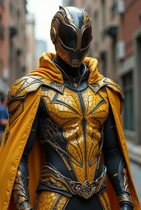 Create a superhero costume, male, inspired by Queen Bee,with fabric, Less futuristic, 