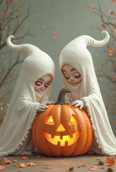 Two little s wearing funny ghost clothes and holding a funny pumpkin 