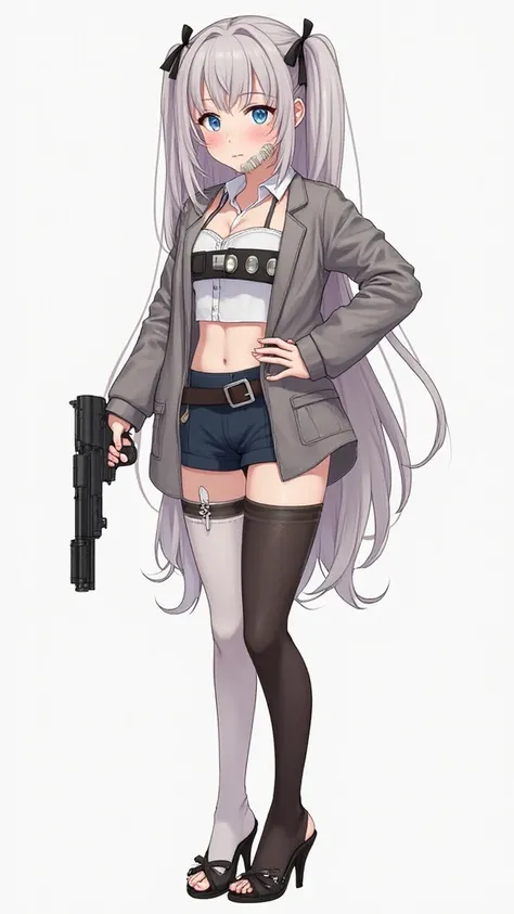  sexy、full body、 business shirt 、heel、 harness belt、simple background、Clothes that show through the chest、shorts、garter belt、asymmetrical stockings、Hold a gun in style、cool、 high waist、MINI-CHARACTERS、deformed、2 heads、Simplify、Long hair tied with a ribbon、...