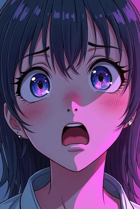 In a 3D manga style, Close up of relieved purple woman's eyes, elle souffle.