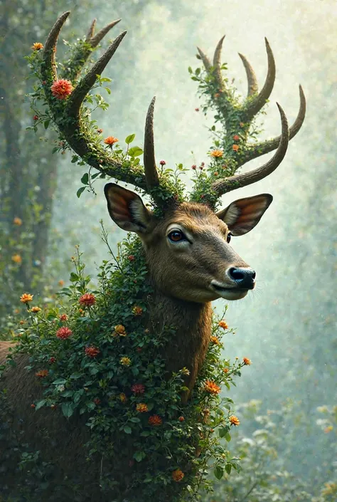 Deer head with plant 