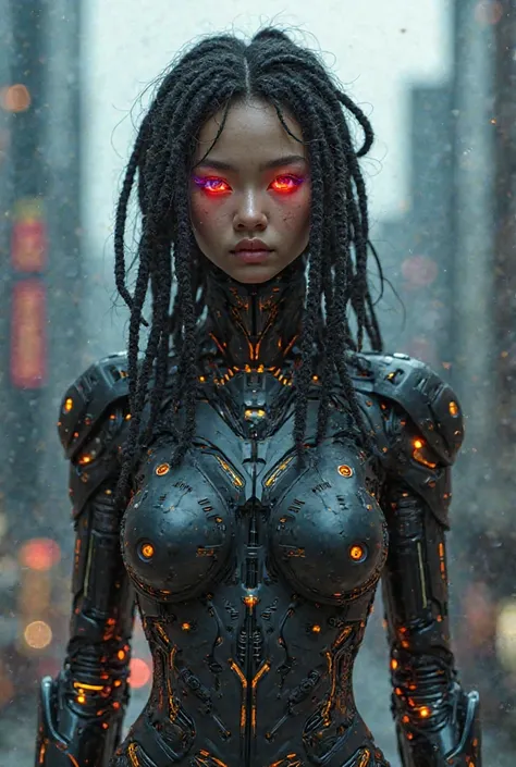 person with mechanized body parts, cyberpunk style, circuits cables, eyes glow with colored LEDS, dreadslocks, person is in a dystopian urban, fusion between the human and the mechanical, setting with skyscrapers.