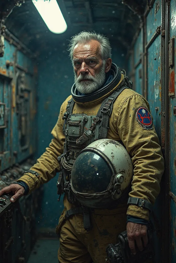 Imagine an older version of astronaut Sergi Krikalev, now in his 50s, standing alone inside the space station. His face is worn, with a graying beard and deep lines etched from years of stress and isolation. His eyes, tired but intense, reflect the burden ...