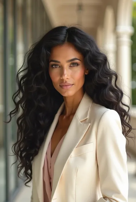 A high-resolution hyper-realistic photograph of a confident and elegant white female entrepreneur with long, super curly black hair, sophisticated and modern. She has a warm white skin tone, glowing in natural lighting. She is dressed in a luxurious and st...