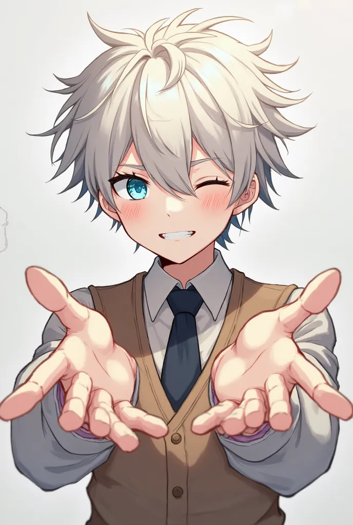  anime-type boy , older than 18 pale skin, light blue eyes,messy white hair white eyelashes,with a long sleeve shirt dark brown tie and a vest over fabric type, light brown color with white lenses with an expression winking at the screen with the hands fac...