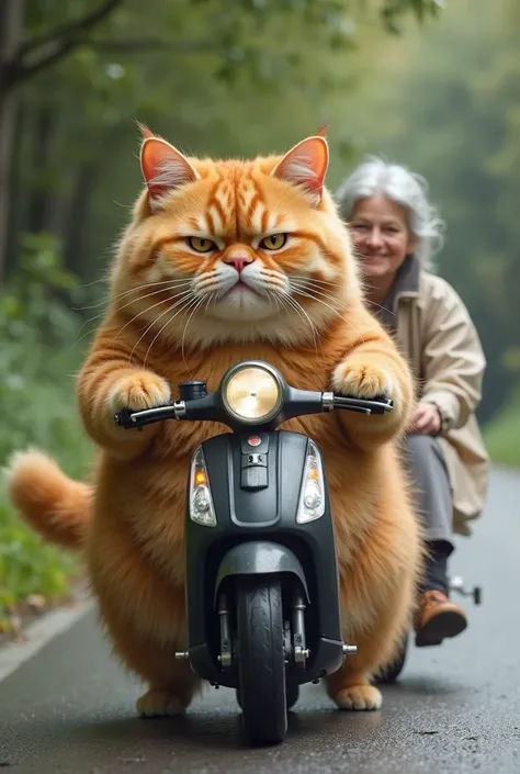 Prompt:
"A chubby, oversized orange tabby cat with a round face and thick fur is riding a small black motorbike on a road surrounded by greenery. The cat has a serious and determined expression, gripping the handlebars with its fluffy paws. Behind the cat,...