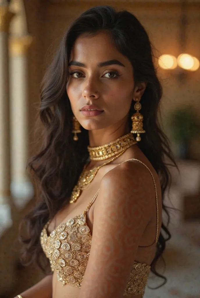 Portrait of a young indian woman wearing traditional indian jewelry. she is fully naked body no bra no bikini and her hair is styled in loose curls. she has a gold necklace and earrings with intricate designs. the woman is looking directly at the camera wi...