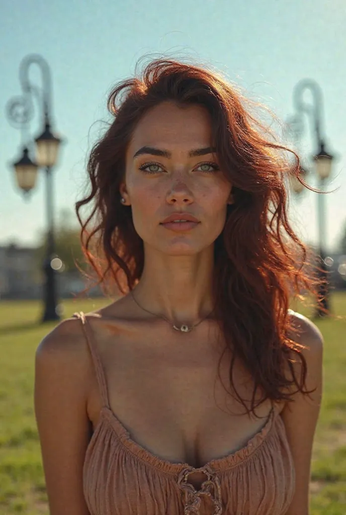 Photorealistic, ultra-detailed, beautiful Latina woman, dark-skinned photographic portrait, alone, looking at the camera, standing in Dublin, Ireland, light blue eyes, bright scene, clear midday, with sun, the essence of real life, dark red hair, 24 years ...