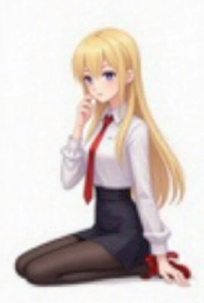 blond-haired girl, long, con flequillo y tiene dos mechones longs de cabello a los lados del flequillo que sobresalen, purple eyes shirt,  pale skin . She is wearing an elegant long sleeve shirt that is rolled up to her elbows,  a red tie , a black skirt i...