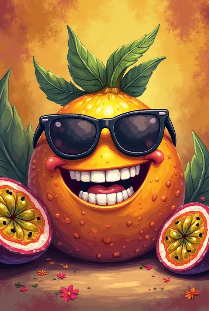 Cartoon round passion fruit, Smiling who only shows his teeth with dark glasses, The background has to be the colors of the passion fruit and I don't want anything cute