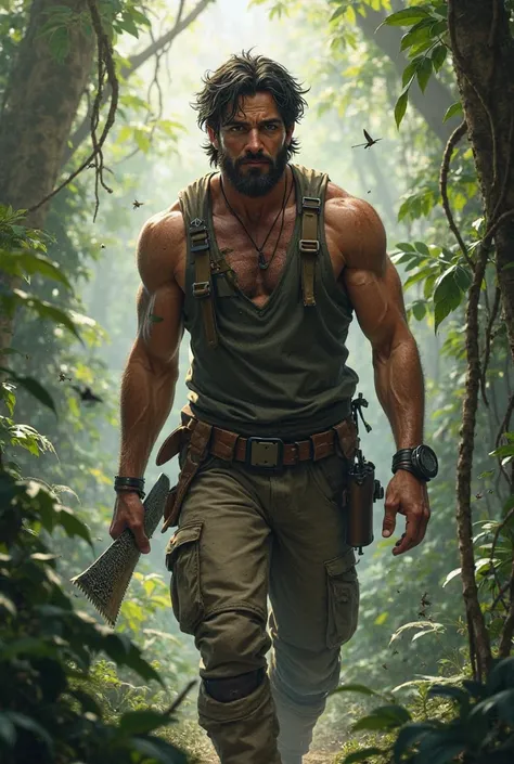 man with dark hair and jungle clothes with a blade attached to his forearm