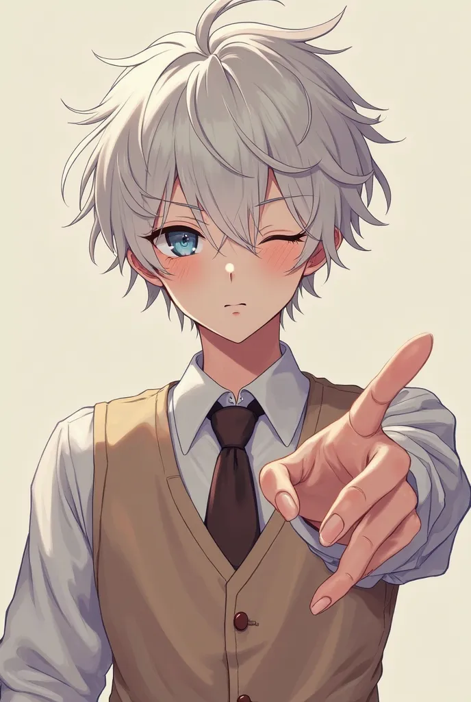  anime-type boy , older than 18 pale skin, light blue eyes,messy white hair white eyelashes,wearing a long sleeve shirt and dark brown tie and a vest over the fabric type, light brown color with white lenses with an expression winking at the screen and poi...